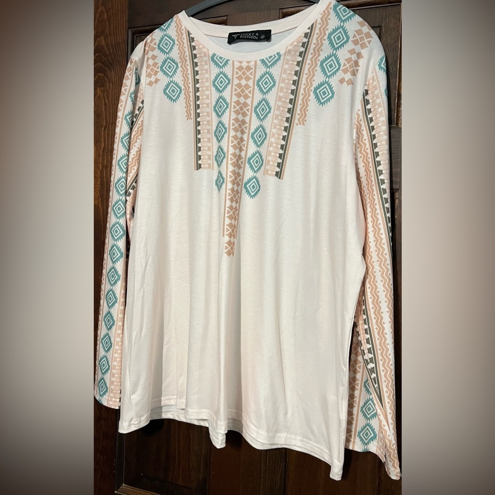Lucky & Blessed Aztec Print Top in Dusty Pink and Turquoise 2x NWT​